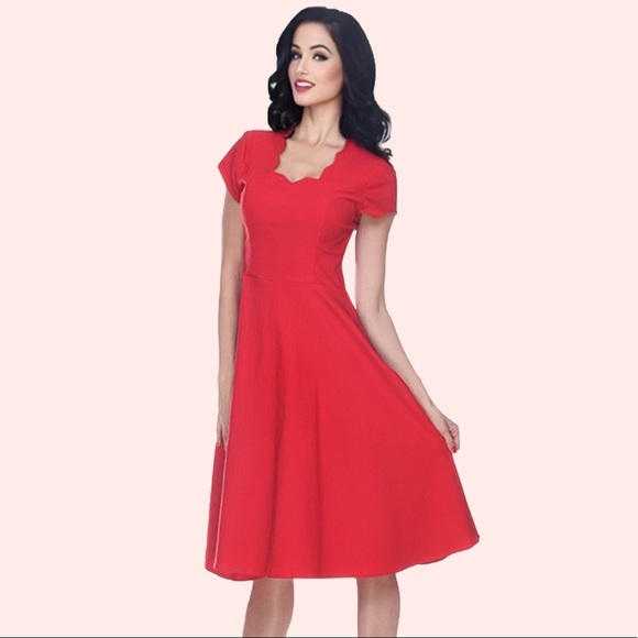 Bettie Page Dresses & Skirts - 🌺 Glenda Scalloped Neck Swing Dress in Red